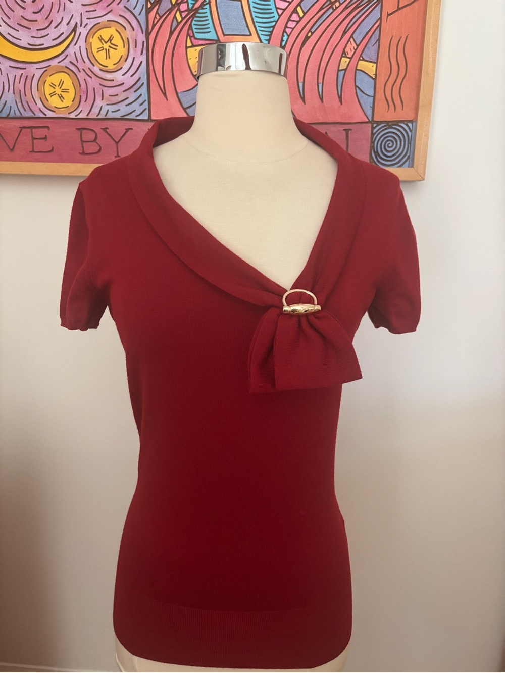 Gucci Red Short Sleeve Knit Top with Bow and Gold Horsebit